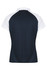 A polo shirt featuring a navy back with white sleeves and a collar, complete with branding.