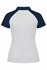 A polo shirt featuring a white body and navy blue sleeves, with a collar and a branded logo.