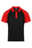 A black polo shirt with red raglan sleeves and a brand logo on the left side.