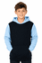 A hoodie featuring a blue front and black sleeves, worn by a smiling boy with hands in pockets.