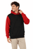 A black and red hoodie with a front pocket and a drawstring hood, featuring a logo on the chest.