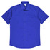 A short-sleeve button-up shirt in vibrant blue with a single chest pocket and a logo at the collar.