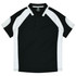 A black and white polo shirt featuring raglan sleeves and a collar. It includes a branding logo on the tag.