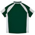 A green and white polo shirt featuring short sleeves and a collared neckline. It has a logo on the back.