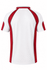A polo shirt featuring a white body with red accents on the sleeves and sides, with a logo on display.