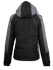 A black and grey jacket with a hood and a logo on the back. Suitable for various outdoor activities.