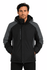 A black and grey men's jacket with a hood and zippered pockets, featuring a branding logo.