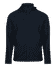 A navy jacket with a hood, featuring zippered pockets and a sleek design, includes a logo.
