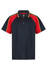 A navy polo shirt with red and yellow contrast stripes, featuring a collar and a logo.