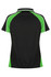 A black polo shirt with green accents on the shoulders and sides, featuring a contrasting collar and a logo.