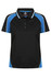 A black polo shirt featuring blue accents and a logo. Structured collar with button closure.