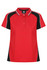 A red polo shirt with black accents, featuring a collar and buttons, and a logo on the label.