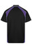 A black polo shirt with purple accents and a contrasting design, featuring a logo on the back.