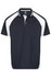 A navy blue polo shirt with white accents and a logo on the chest. Features a classic collar and short sleeves.