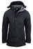 A black men's jacket with a hood and grey lining, featuring a button and zip closure. It has a logo on the fabric.