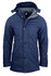 A navy men's jacket with a hood, featuring a grey-lined interior and front buttons, displaying a logo.