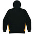 A black hoodie with yellow side panels and a hood. It features a logo on the design.