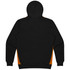 A black hoodie with orange side panels and a hood. The back view shows a smooth, unadorned surface.
