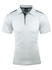 A men's polo shirt in white with navy accents, featuring a collar and three buttons, and a logo on the chest.