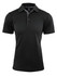 A black polo shirt featuring a classic collar and three-button placket, with a branding logo on the design.
