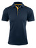 A navy blue polo shirt with yellow accents and a collar, featuring buttons and a logo.