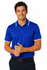 A blue men's polo shirt with white accents, featuring a collar and a branding logo.