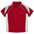 A red polo shirt featuring white side panels and a collar, with a logo on the label.