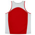 A red and white singlet featuring a logo, with a simple design and a round back panel.