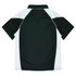 A polo shirt featuring a black body with white accents, including a classic collar and short sleeves.