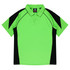 A green and black polo shirt featuring a collar and short sleeves, with a logo on the label.