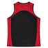 A red and black singlet with a curved design on the back and a small logo.
