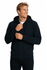 A navy zip hoodie for men, featuring a frontal zipper and a hood, modelled by a smiling male model.
