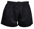 Black rugby men's shorts featuring an elastic waistband and drawstring. Includes a branding logo.