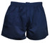 Navy blue rugby men's shorts with an elastic waistband and drawstring, featuring a logo.