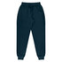 Tapered fleece pants in dark navy with an elastic waistband and side pockets. Features a logo.