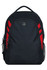 A black backpack with red accents and mesh side pockets, featuring a logo on the front.