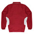 A red tracktop with white panels, featuring elastic cuffs and a collar, and a logo on the back.