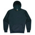 A dark green hoodie featuring a front pocket and a lined hood, with a logo on the interior label.