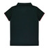 A dark green polo shirt featuring a collar and contrasting red accents. It has a logo on the chest area.