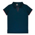 A dark navy polo shirt with a short collar and red trim, featuring a branding logo.