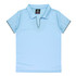 Light blue polo shirt with a collar and contrasting black detailing, featuring a logo.