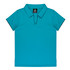 A turquoise polo shirt with a v-neck design and contrasting black detailing at the sleeves. It features a logo.