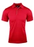 A red polo shirt with a collared neck and short sleeves, featuring a logo on the chest.