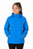 A bright blue children's jacket with a hood and zip pockets, featuring a logo on the front.