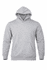 A grey hooded jumper with a front pocket and a logo on the front. Ideal for casual wear.