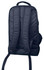 A black backpack with padded straps and a simple design, featuring a logo on the exterior.