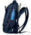 A navy backpack featuring multiple compartments, including a mesh pocket for a drink bottle and space for a laptop.