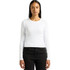 A white long-sleeved t-shirt displayed on a model, featuring a fitted design and a round neckline.