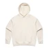 A cream-coloured hoodie featuring a front pocket and a hood. It has a branding logo on the material.