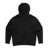 A black hoodie with a kangaroo pocket and a hood, featuring a plain back and a branding logo.